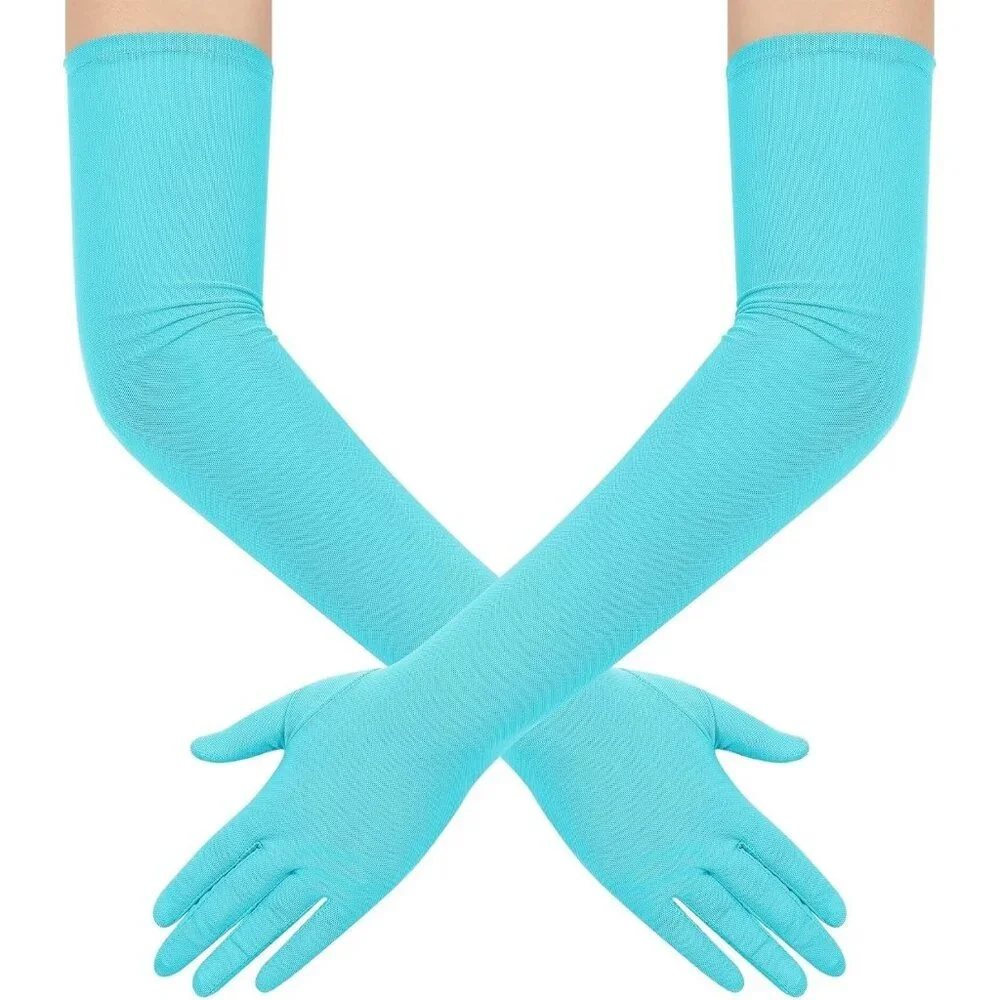 Women's Tulle Sky Blue Long Stretchy Gloves Halloween Party Wedding Costume